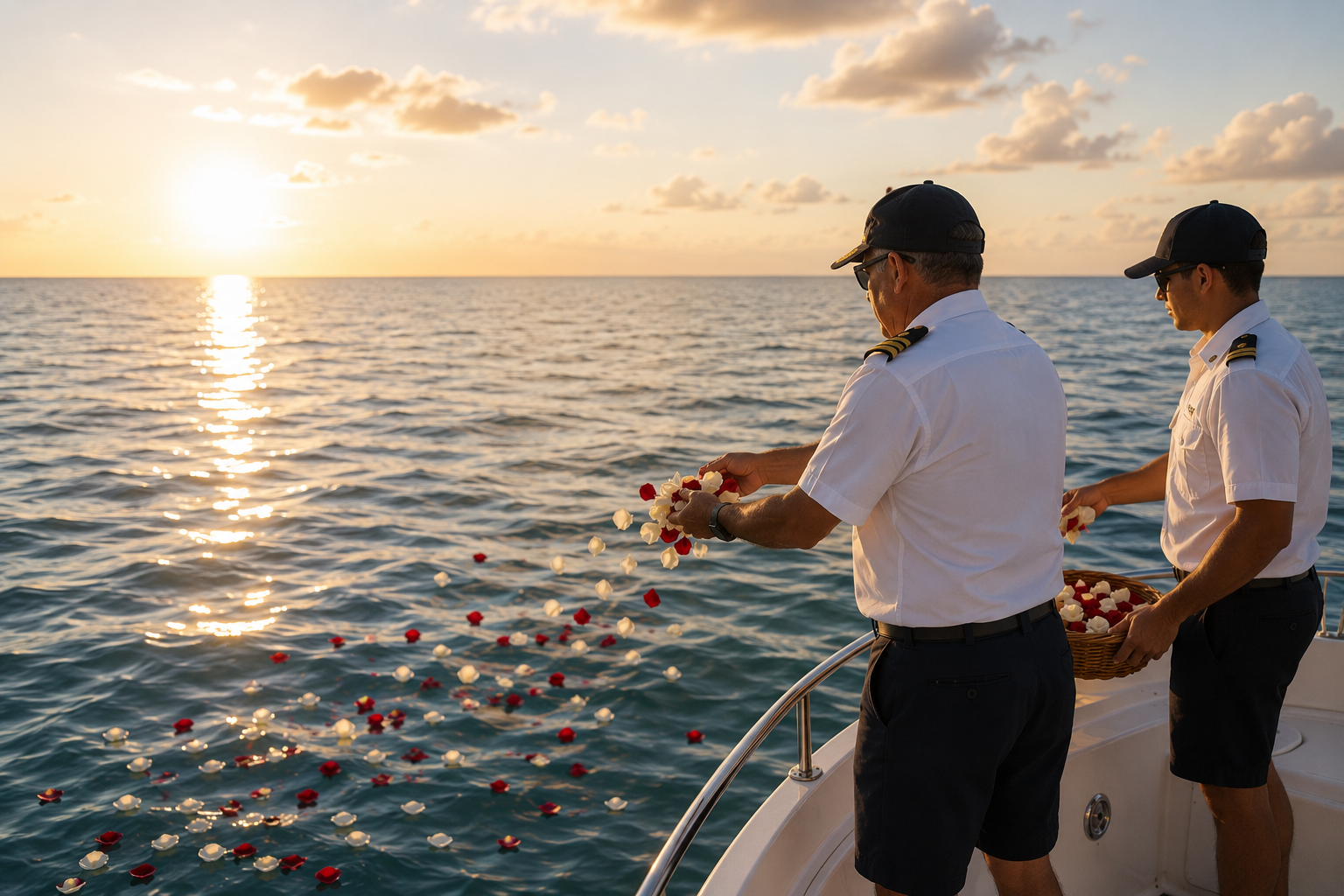 U.S. Coast Guard certified captain and one crew member releasing white and red rose petals into a calm ocean at golden hour
