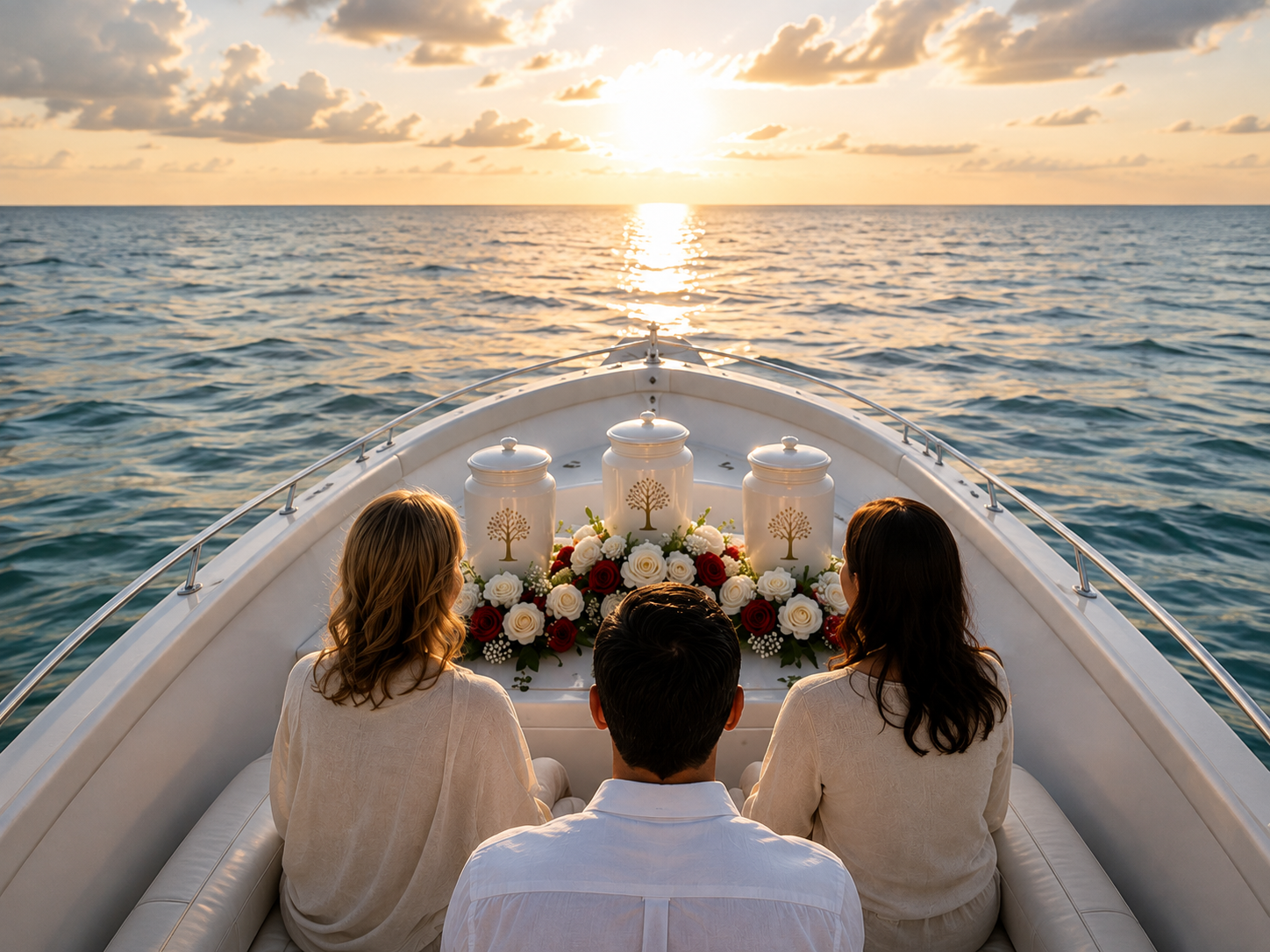 Three family representatives on a boat at sunset with three white urns and red and white roses