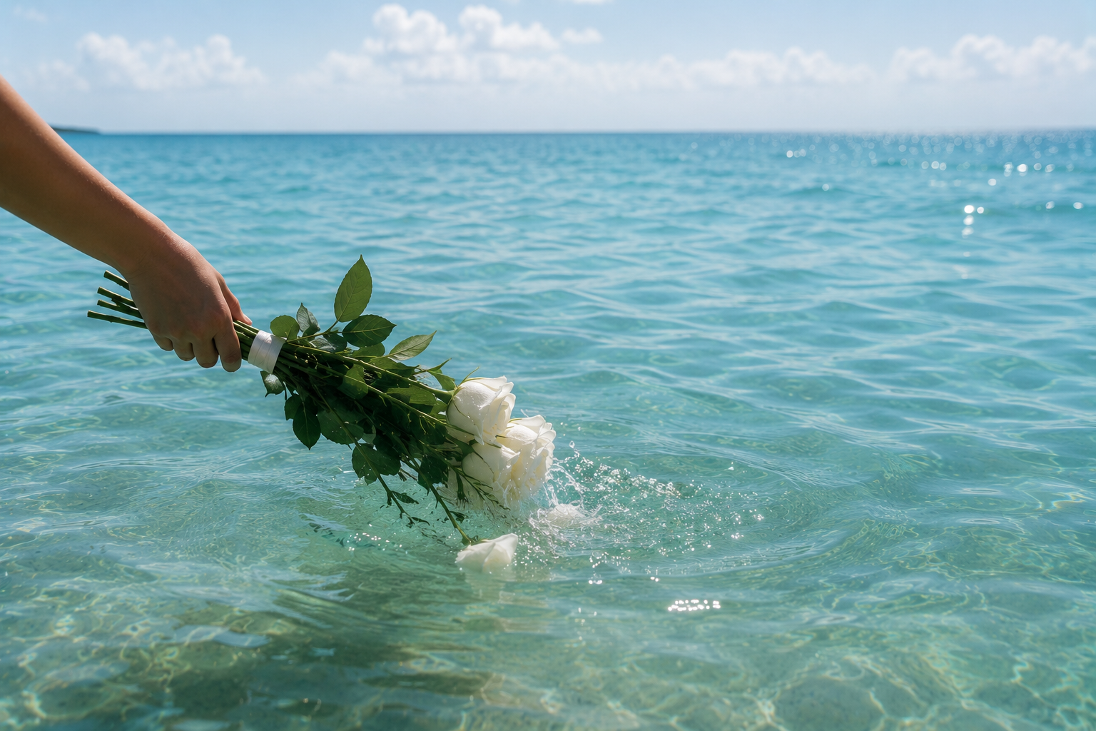 White roses being gently released onto turquoise ocean water