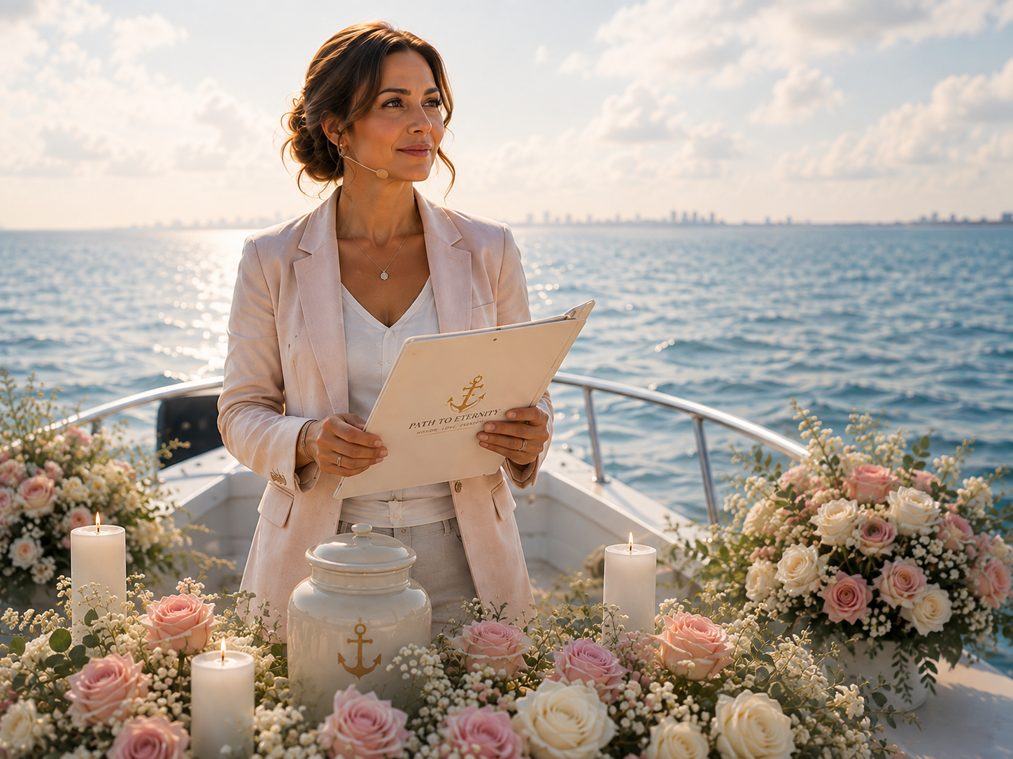 Ocean ash scattering planner with a headset holding a Path to Eternity clipboard on a boat, beside a white urn, candles and pink and white floral arrangements with the ocean and horizon behind her