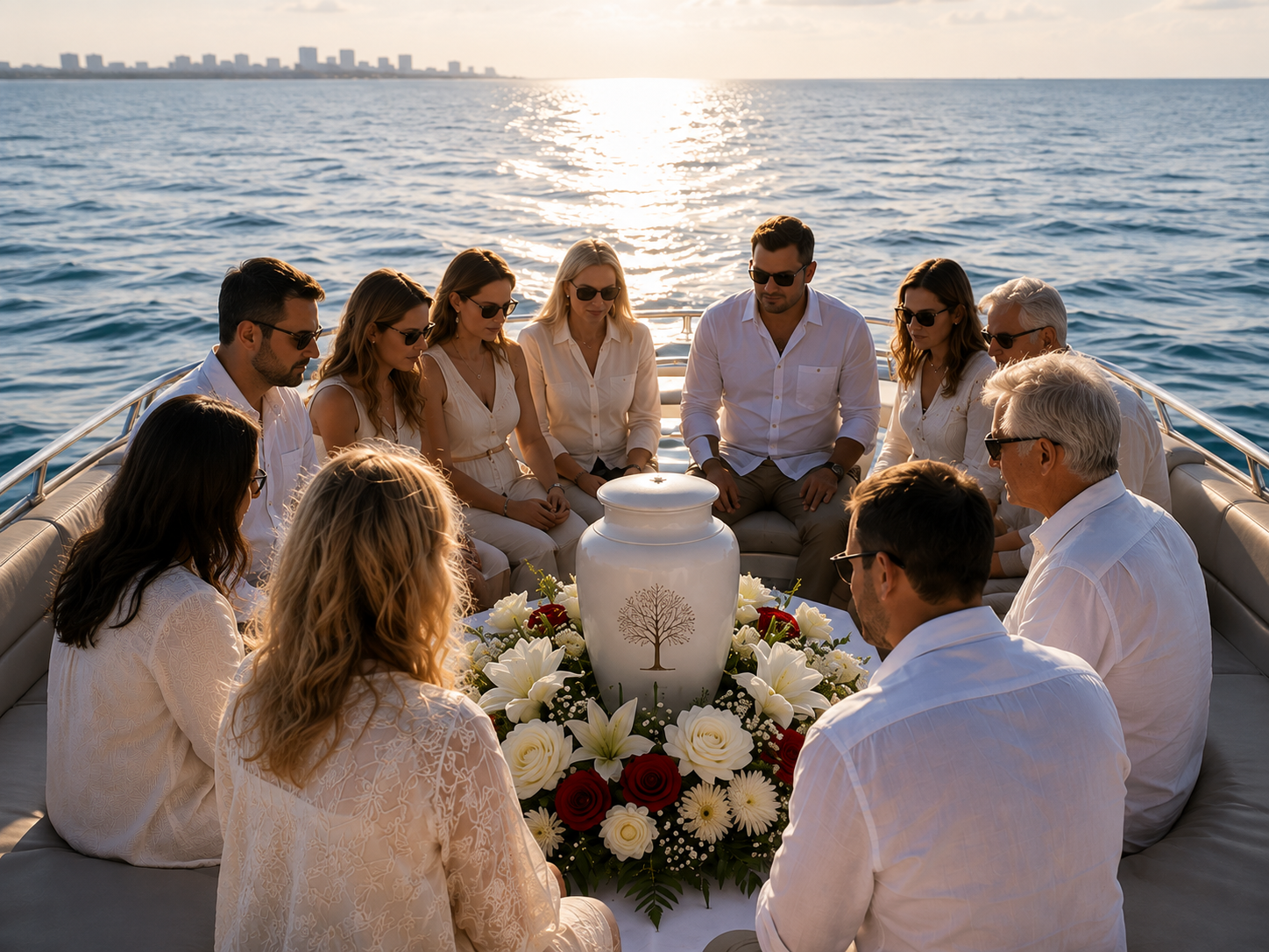 Family gathered on a boat at golden hour around a white urn with white and red florals, ocean horizon behind